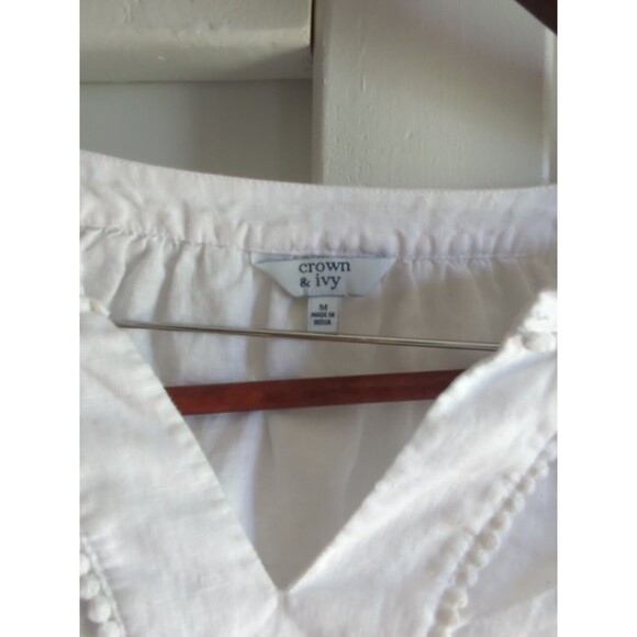 Crown & Ivy Women's M White Linen Blend Quarter Sleeve Bell Sleeve Summer Blouse - Picture 5 of 16